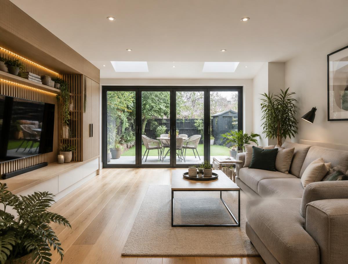 Completed garage conversion, now a bright modern family living room with garden doors