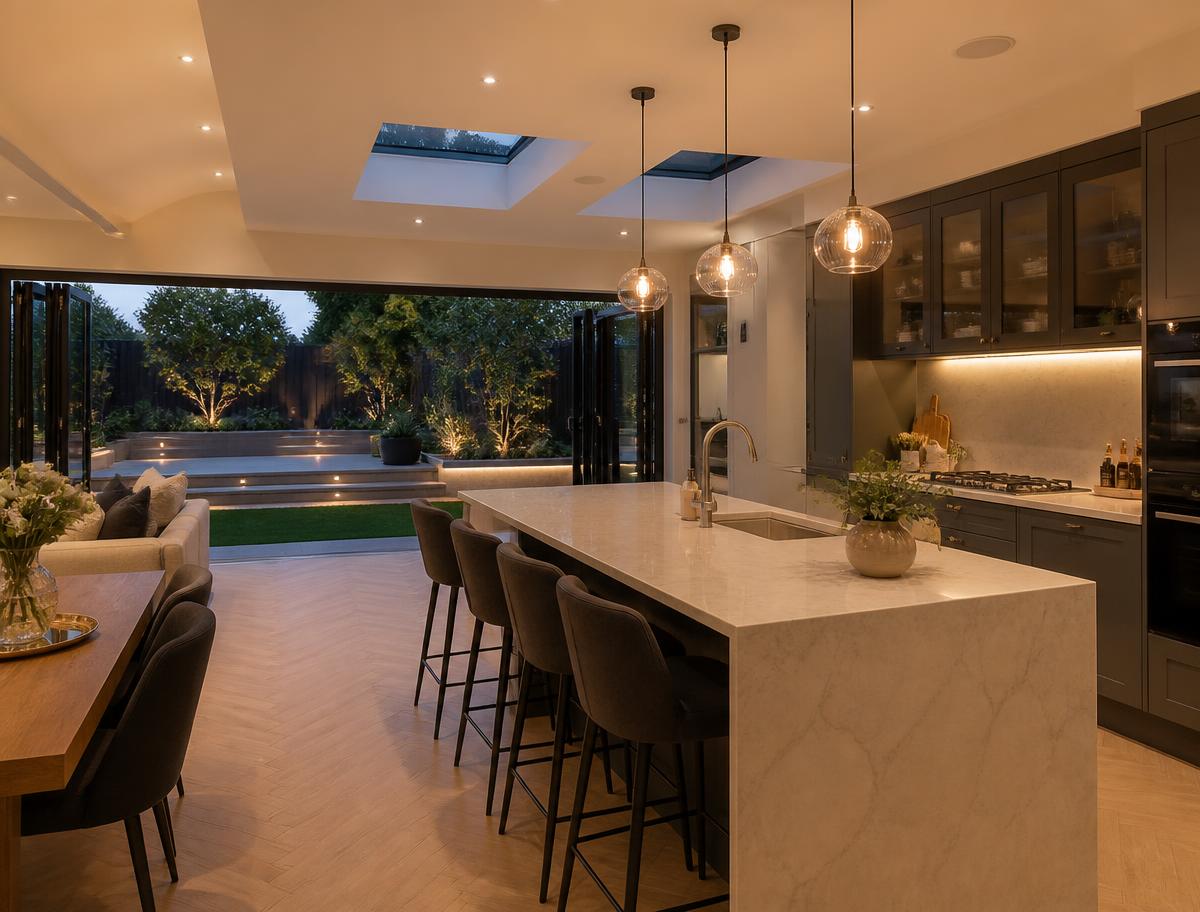 Premium completed open-plan kitchen extension with bi-fold doors onto a landscaped garden