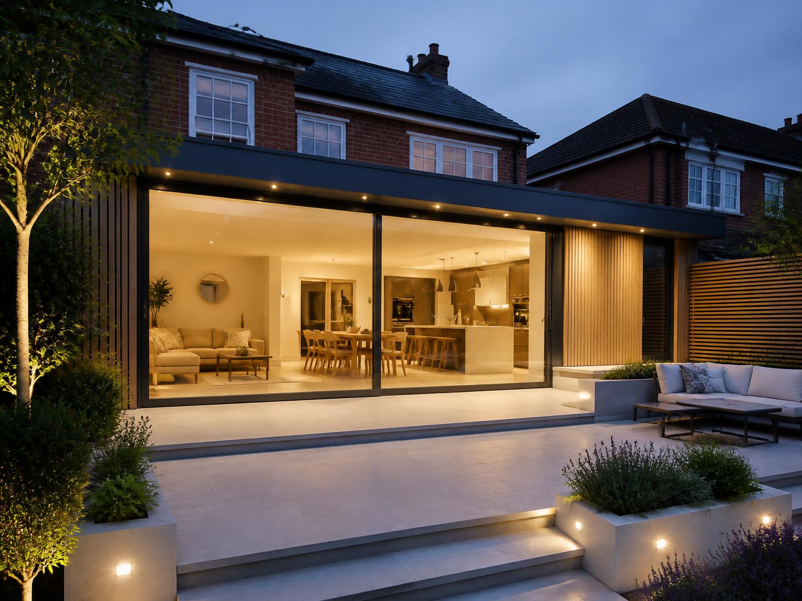 Premium finished rear extension at dusk with large glazing, warm interior lighting and a landscaped patio