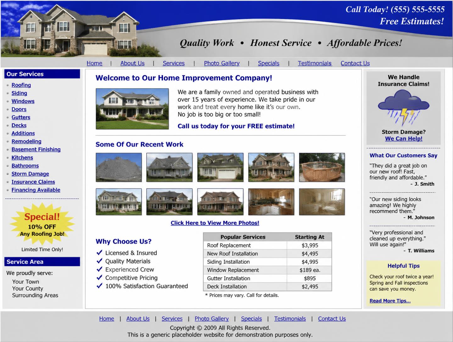 Concept of a typical dated contractor website with a cluttered blue layout, tiny text and no clear call to action